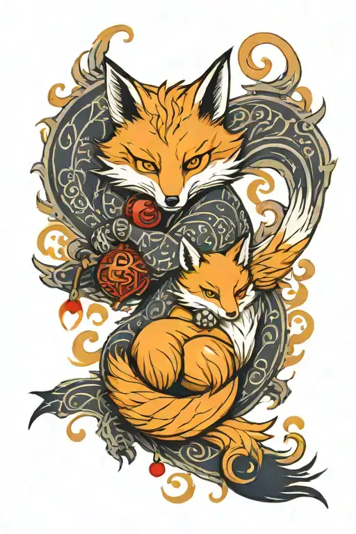 nine tailed fox holding two jingle bells with fire background tattoo design idea