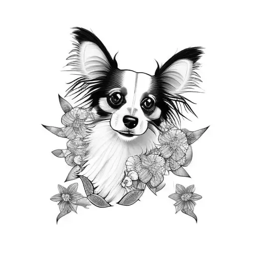Papillon dog with flowers tattoo design idea