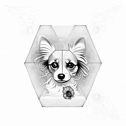 Papillon dog in triangle geometric design with flowers tattoo design idea