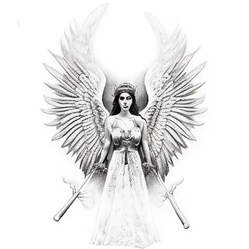 Angel hombre con una corona en su cabeza con alas mitad demonio mitad angel de fondo una catedral y nubes tattoo design idea