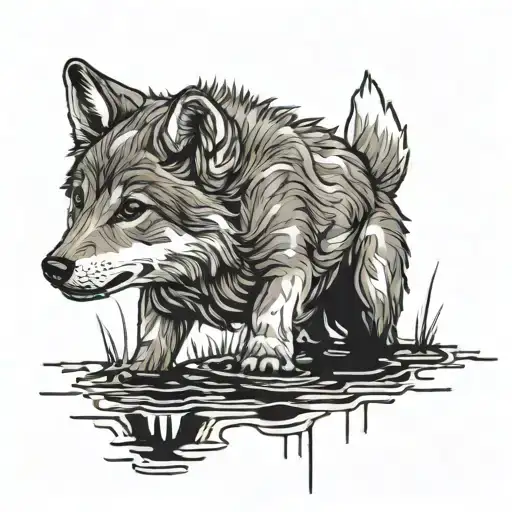 wolf pup starring into lake reflecting tattoo design idea