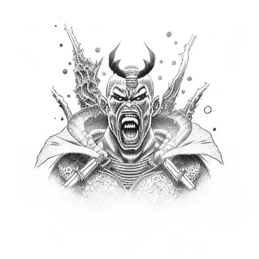 Design a dotwork tattoo featuring Guts, the protagonist of Berserk, in a powerful and intense pose tattoo design idea