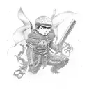Design a dotwork tattoo featuring Guts, the protagonist of Berserk, in a powerful and intense pose tattoo design idea