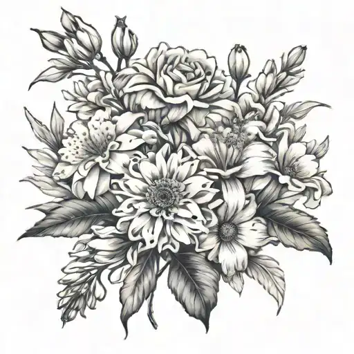 birth flowers bouquet carnation, daffodil, daisy, aster, and magnolia  tattoo design idea