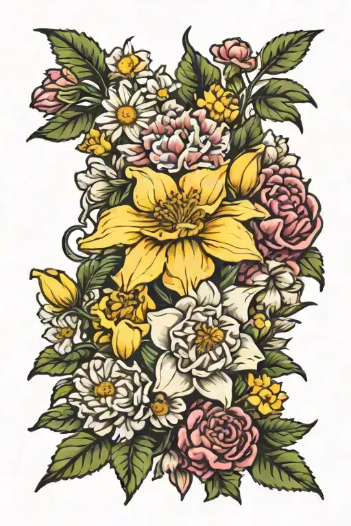 carnation, daffodil, daisy, aster, and marigold flower bouquet  tattoo design idea