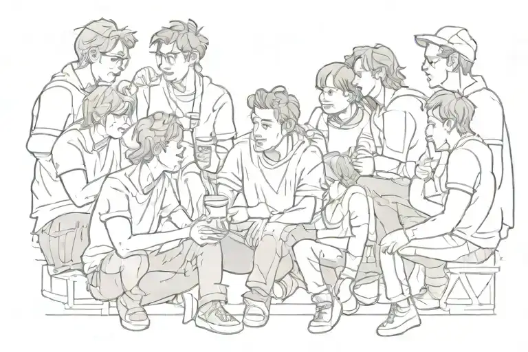 A sketch-style tattoo of a group of friends watching a show together tattoo design idea