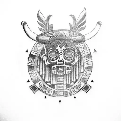 A tattoo of tlaloc the azteca god, it must fit between de shoulder and arm, 18 cm. It should be blue with violet and Ora tattoo design idea