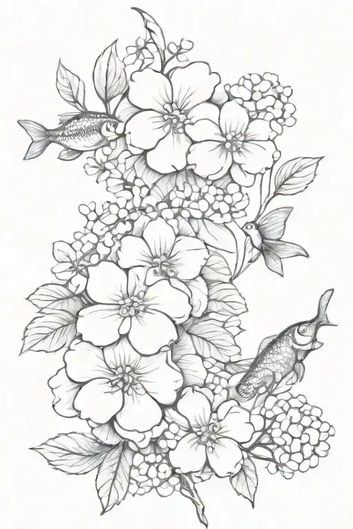 coi fish and hydrangeas blooming tattoo design idea