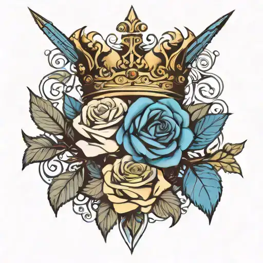 one regular size rose and a small blue rose binder together going through a queen crown and a sword  tattoo design idea