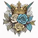 one regular size rose and a small blue rose binder together going through a queen crown and a sword  tattoo design idea
