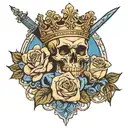 one regular size rose and a small blue rose binder together going through a queen crown and a sword  tattoo design idea