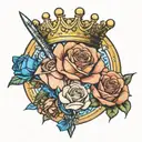 one regular size rose and a small blue rose binder together going through a queen crown and a sword  tattoo design idea