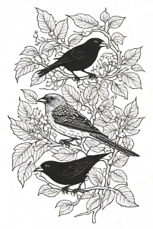 4 drawings of Darwin's finches with vines wrapping around the heads and the 9 leaves of Lorien growing off the vines tattoo design idea