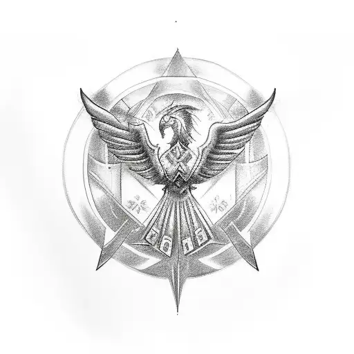 A tattoo with a paladin shoulder pad, in the center of it the representation of a phoenix and on the pectoral a circle w tattoo design idea