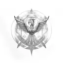 A tattoo with a paladin shoulder pad, in the center of it the representation of a phoenix and on the pectoral a circle w tattoo design idea