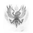 A tattoo with a paladin shoulder pad, in the center of it the representation of a phoenix and on the pectoral a circle w tattoo design idea
