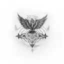 A tattoo with a paladin shoulder pad, in the center of it the representation of a phoenix and on the pectoral a circle w tattoo design idea