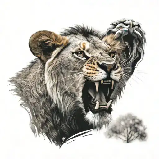 half male african lions head roaring with sward up the side where face splits  tattoo design idea