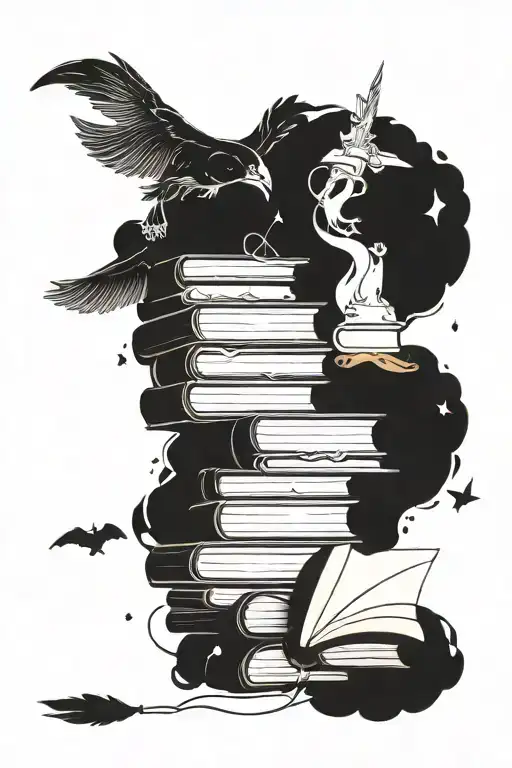 A stack of books with magical symbols and elements floating around them, showcasing the client's love for books and magic tattoo design idea
