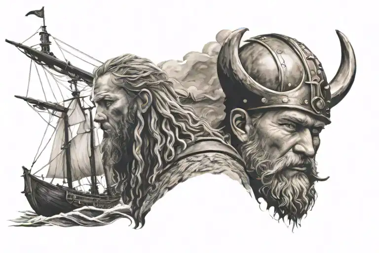 Ship and Viking Head tattoo design idea