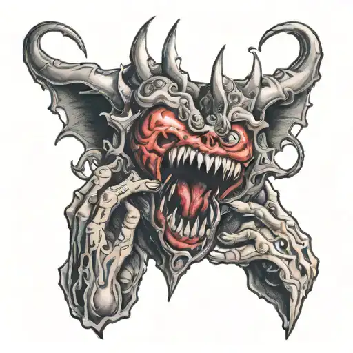 demon biting in a heart beat tattoo design idea