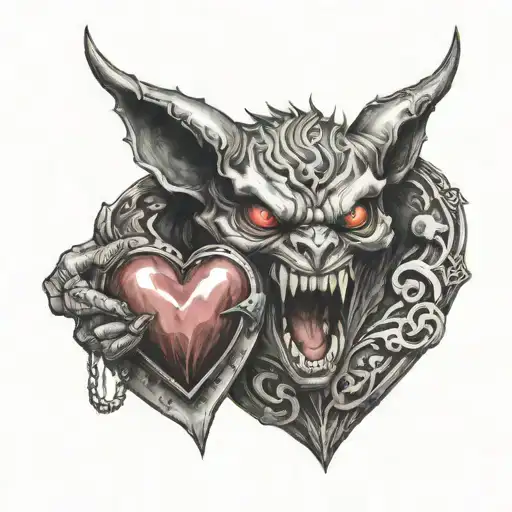 demon biting in a heart shaped locket tattoo design idea