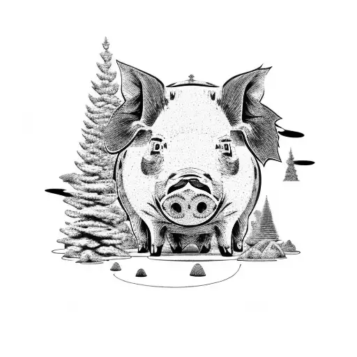 incorporate a pig, pine trees and a mossy stone, make the pig small. focus on the the pine tree tattoo design idea