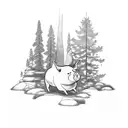 incorporate a pig, pine trees and a mossy stone, make the pig small. focus on the the pine tree tattoo design idea