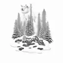 incorporate a pig, pine trees and a mossy stone, make the pig small. focus on the the pine tree tattoo design idea