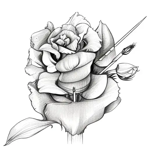 A sketch-style design of a bohemian arrow with a trail of irises and roses behind it tattoo design idea