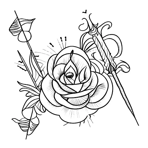 A sketch-style design of a bohemian arrow with a trail of irises and roses behind it tattoo design idea