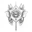 A sketch-style design of a bohemian arrow with a trail of irises and roses behind it tattoo design idea