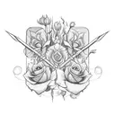 A sketch-style design of a bohemian arrow with a trail of irises and roses behind it tattoo design idea