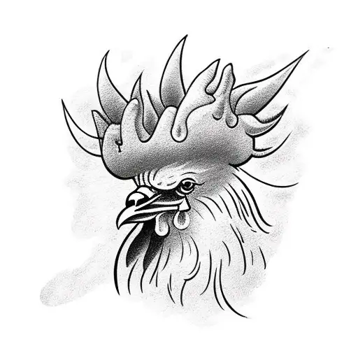 rooster head wearing a crown with the number 17 on it with a sun in the background tattoo design idea