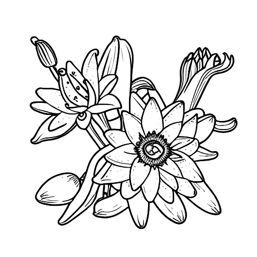 bouquet of lily of the valley, daffodil, water lily, and holly berry. tattoo design idea