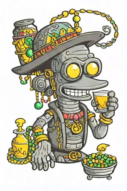 bender from futurama drunk at mardi gras beads tattoo design idea