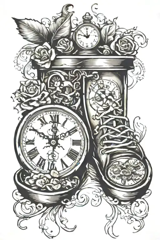 baby foot prints with a clock of date and time of birth  tattoo design idea