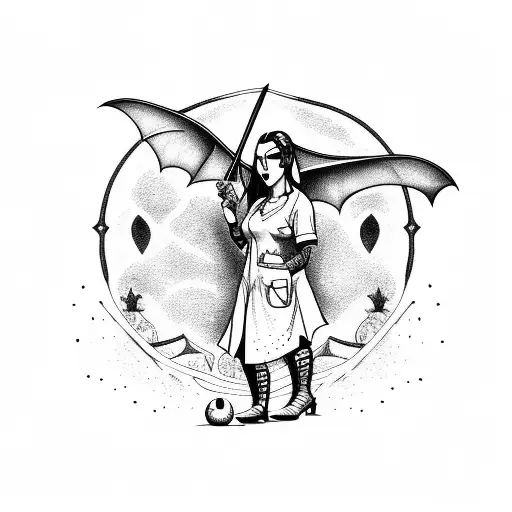 A nurse holding a bat in a gothic style tattoo design idea