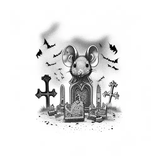 A gothic graveyard scene with mice playing among the tombstones tattoo design idea