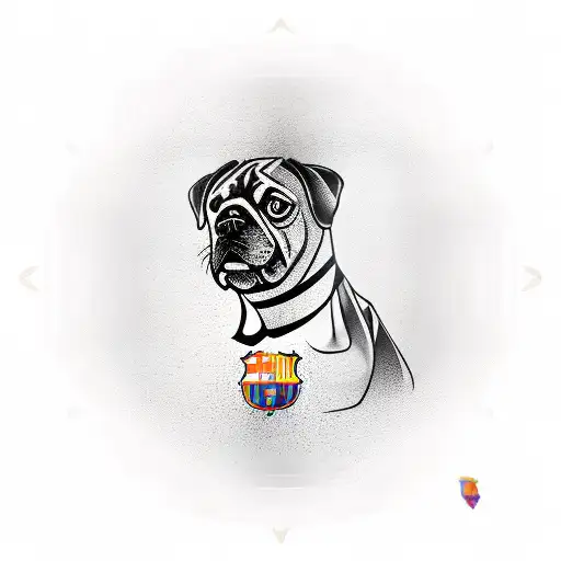 messi with the world cup, barcelona shield, and a boxer dog face tattoo design idea