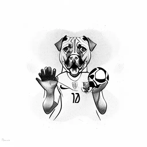 messi with the world cup, barcelona shield, and a boxer dog face tattoo design idea