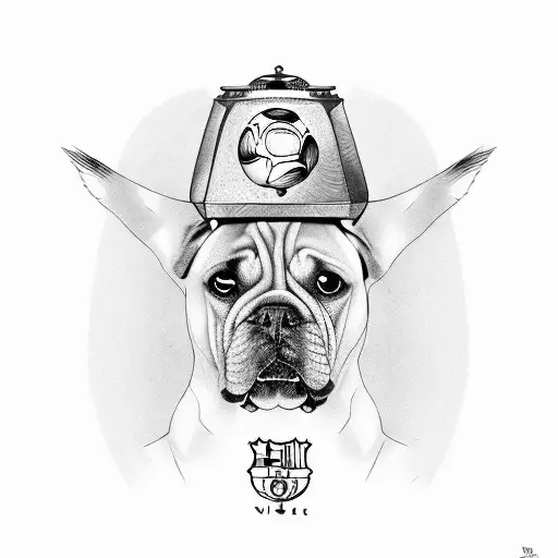 messi with the world cup, barcelona shield, and a boxer dog face tattoo design idea