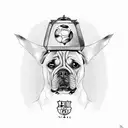 messi with the world cup, barcelona shield, and a boxer dog face tattoo design idea