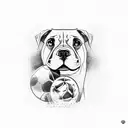 messi with the world cup, barcelona shield, and a boxer dog face tattoo design idea
