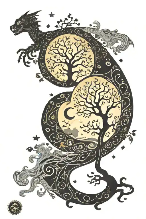 tattoo of starry night by Picasso in the shape of a yin yang sign with the tree of life that forms a dragon  tattoo design idea