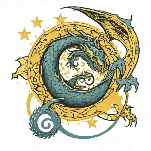 tattoo of a dragon with a blue and yellow yin yang sign body with the line work of starry night by picasso tattoo design idea
