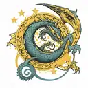 tattoo of a dragon with a blue and yellow yin yang sign body with the line work of starry night by picasso tattoo design idea