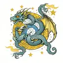 tattoo of a dragon with a blue and yellow yin yang sign body with the line work of starry night by picasso tattoo design idea