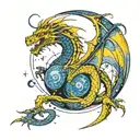 tattoo of a dragon with a blue and yellow yin yang sign body with the line work of starry night by picasso tattoo design idea