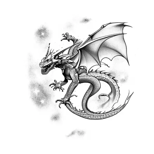 A dragon flying through a galaxy, with constellations forming its scales tattoo design idea